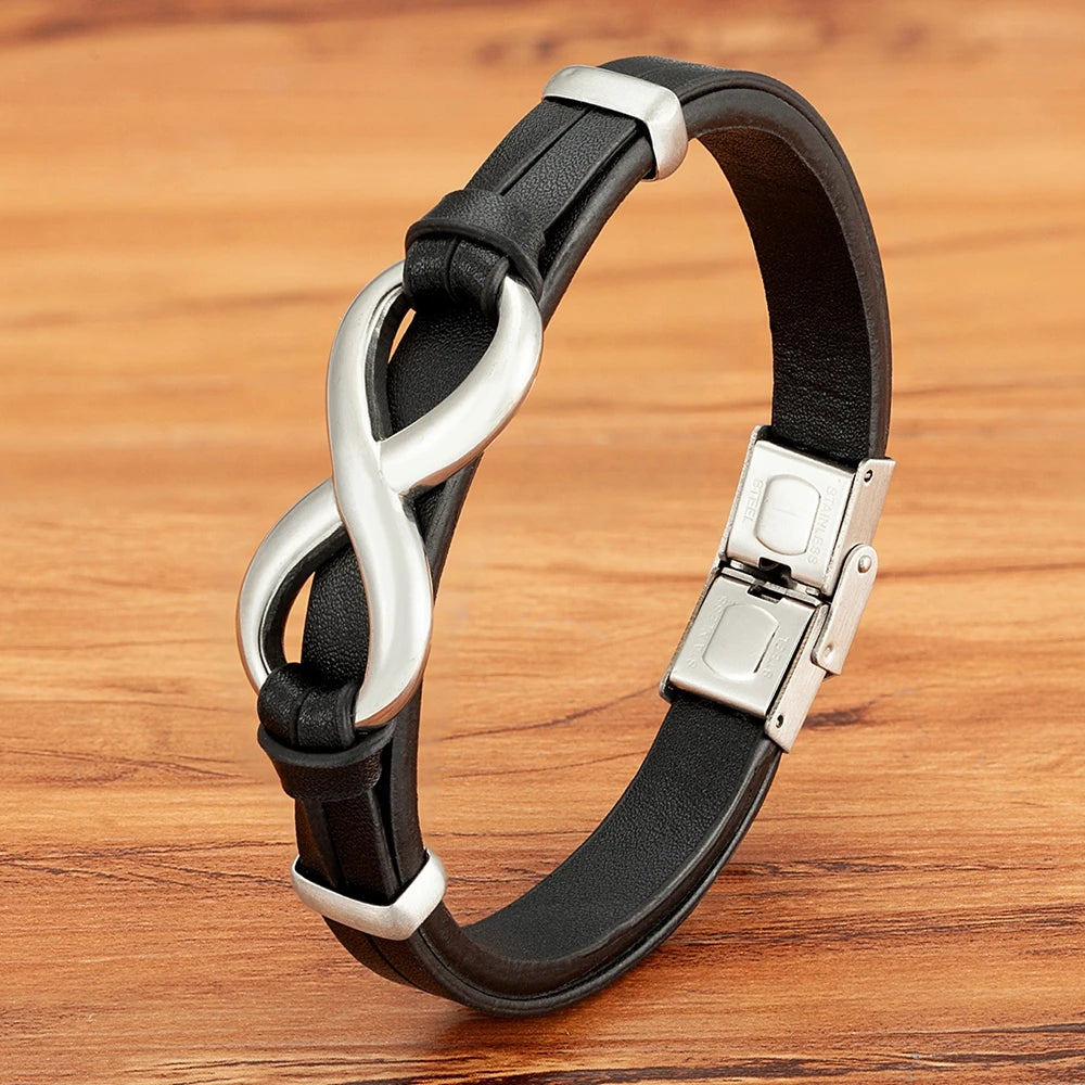 Men’s Genuine Leather Infinity Bracelet – Stainless Steel Buckle, Adjustable Couple Bangle Jewelry