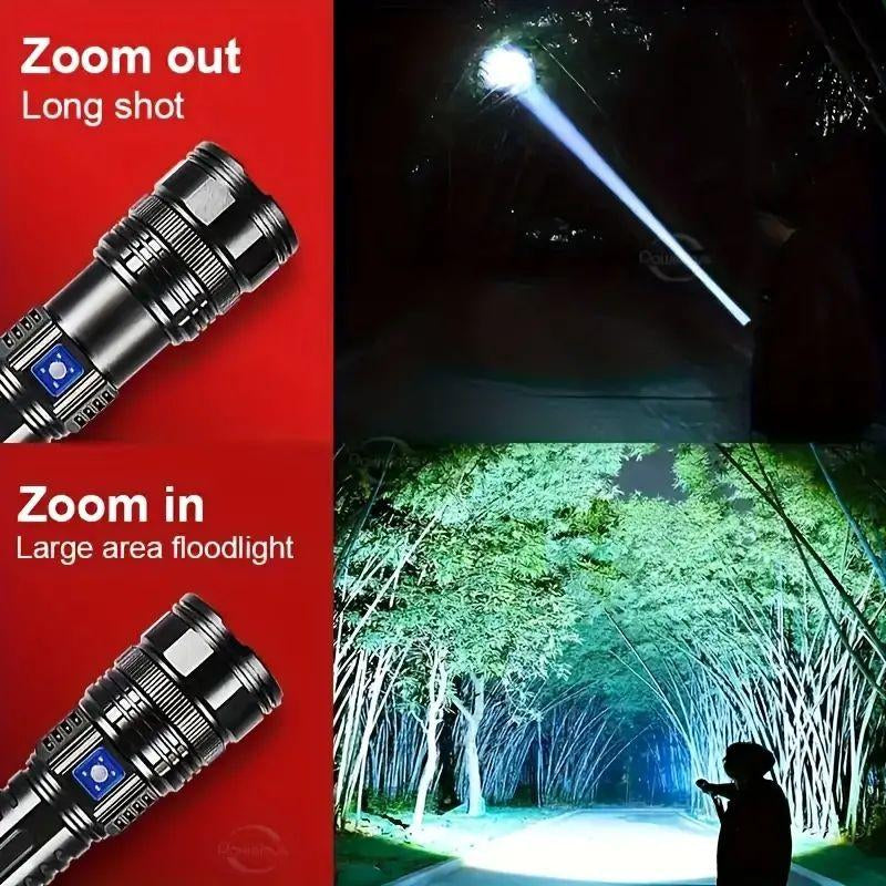 Ultra Bright Rechargeable LED Flashlight with Zoom & Digital Display β 5 Lighting Modes, USB Power Bank, Waterproof Tactical Torch for Camping, Hiking, Emergency, and Outdoor Use