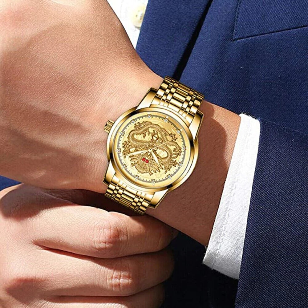 Men's Classic Stainless Steel Diamond Quartz Watch - Waterproof Gold Business Gift