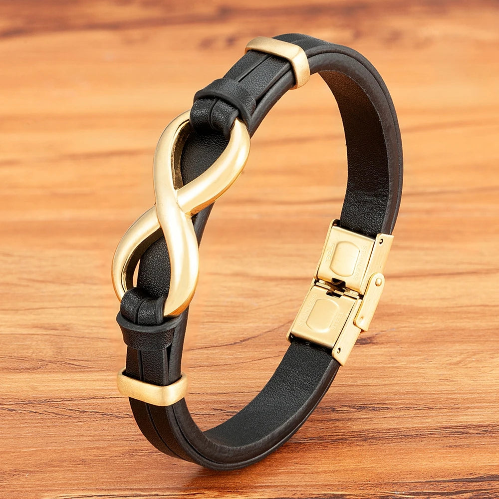 Men’s Genuine Leather Infinity Bracelet – Stainless Steel Buckle, Adjustable Couple Bangle Jewelry