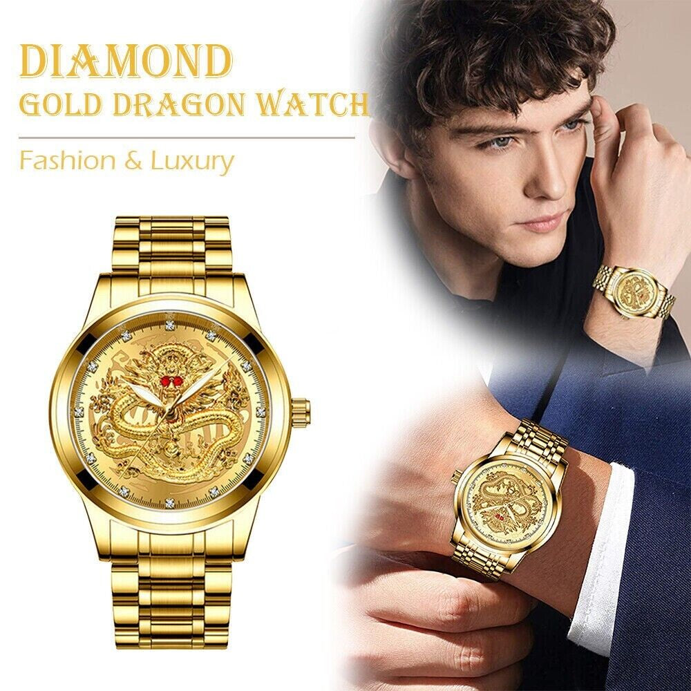 Men's Classic Stainless Steel Diamond Quartz Watch - Waterproof Gold Business Gift