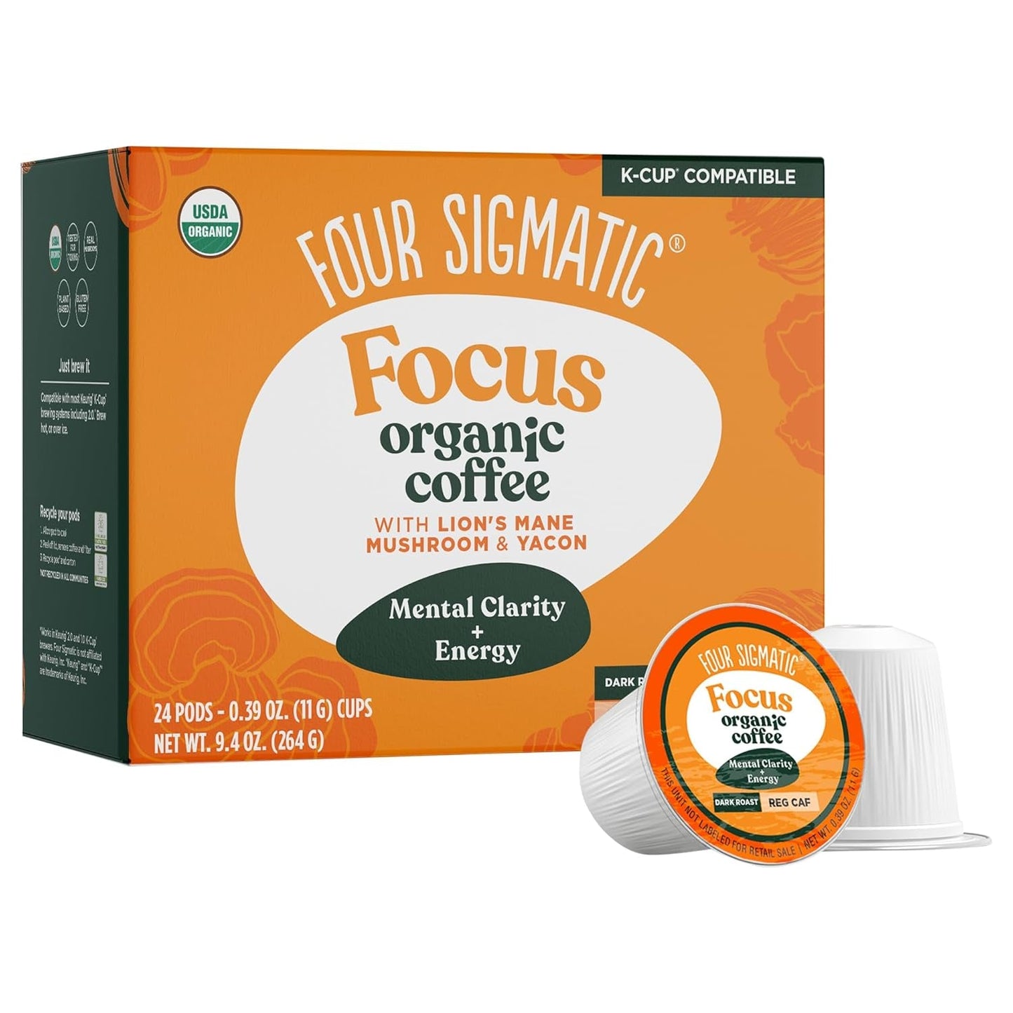 Organic Mushroom Coffee K-Cups – Dark Roast with Lion’s Mane & Yacon | Focus, Immunity & Gut Health | Vegan, Keto, Sustainable Pods (24 Ct)