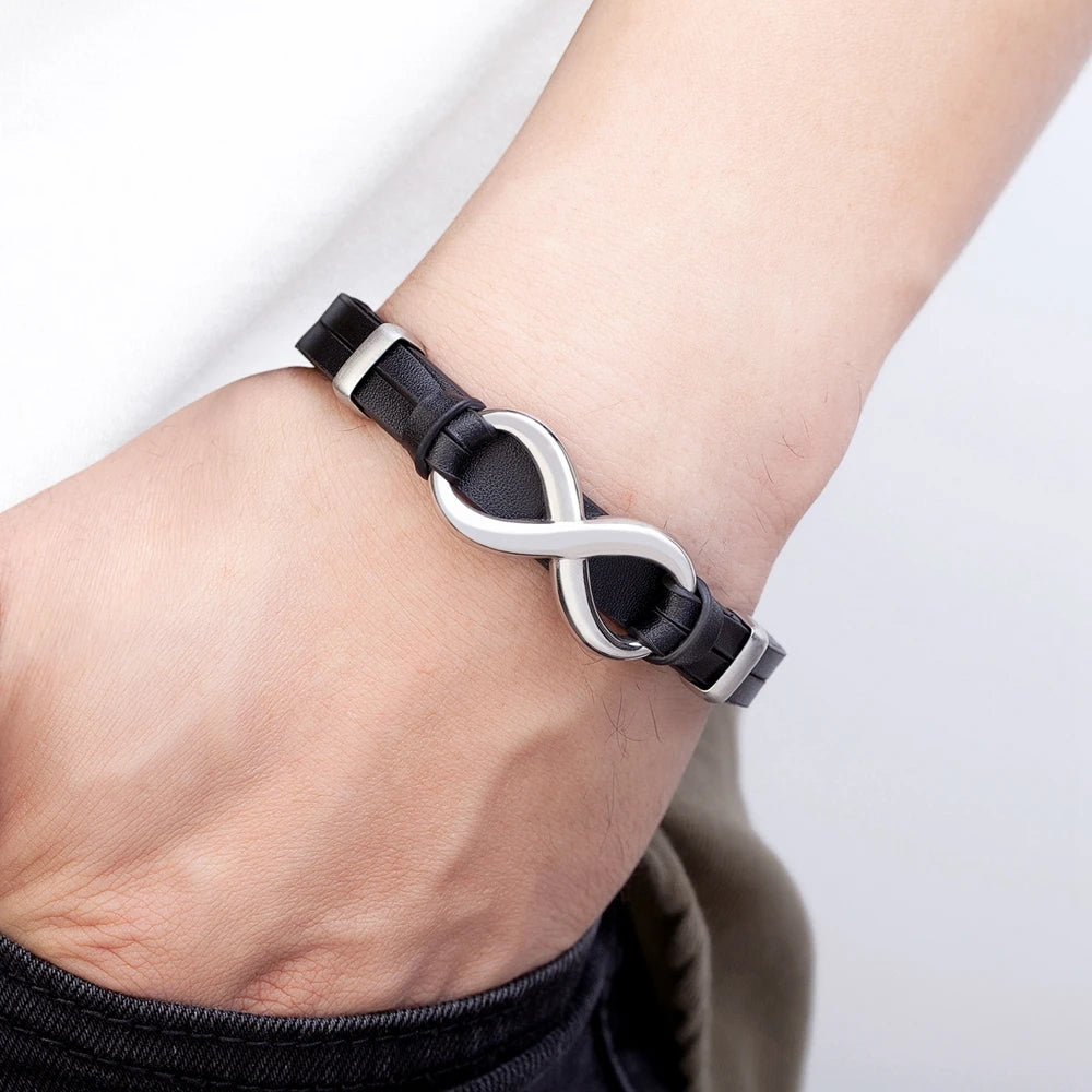 Men’s Genuine Leather Infinity Bracelet – Stainless Steel Buckle, Adjustable Couple Bangle Jewelry