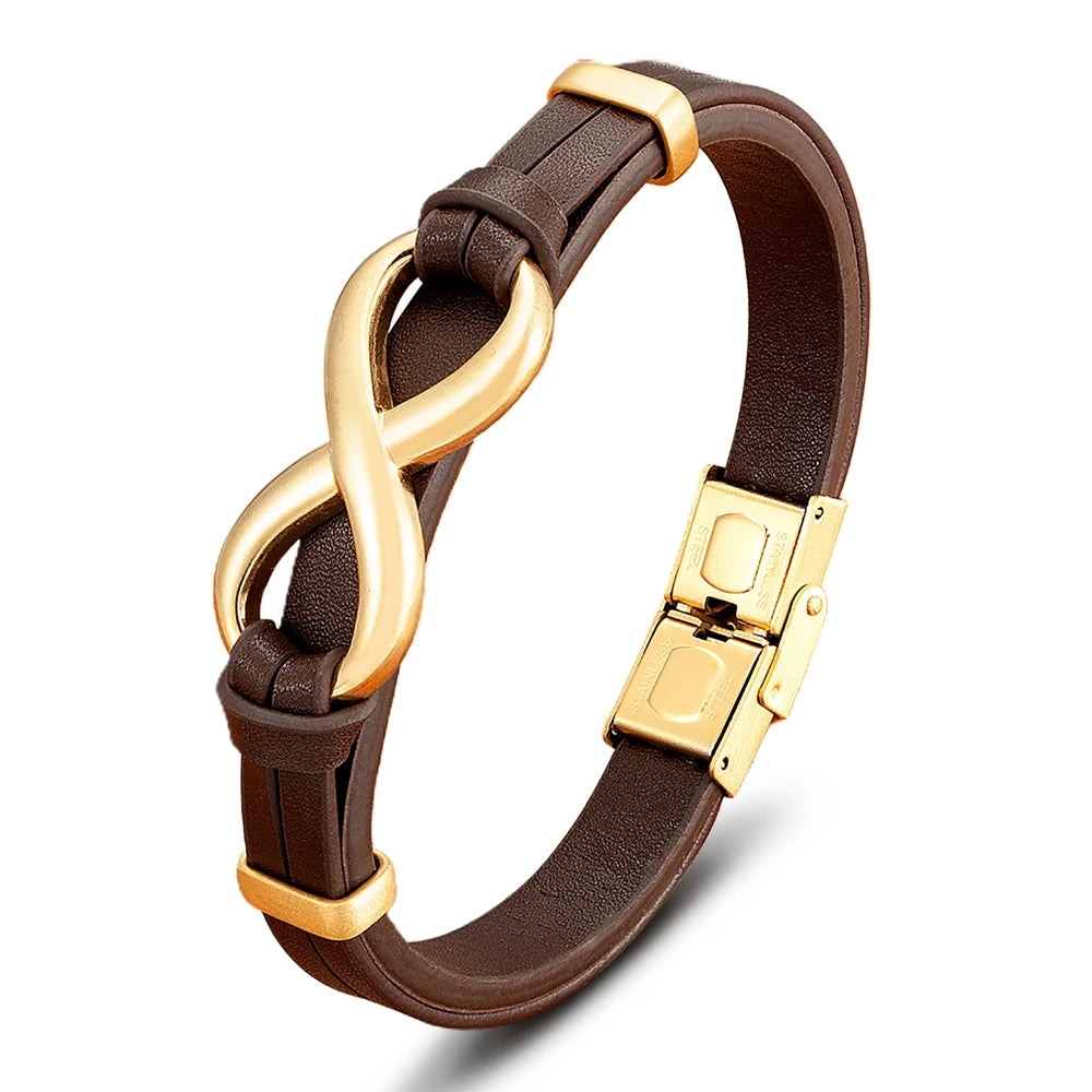 Men’s Genuine Leather Infinity Bracelet – Stainless Steel Buckle, Adjustable Couple Bangle Jewelry