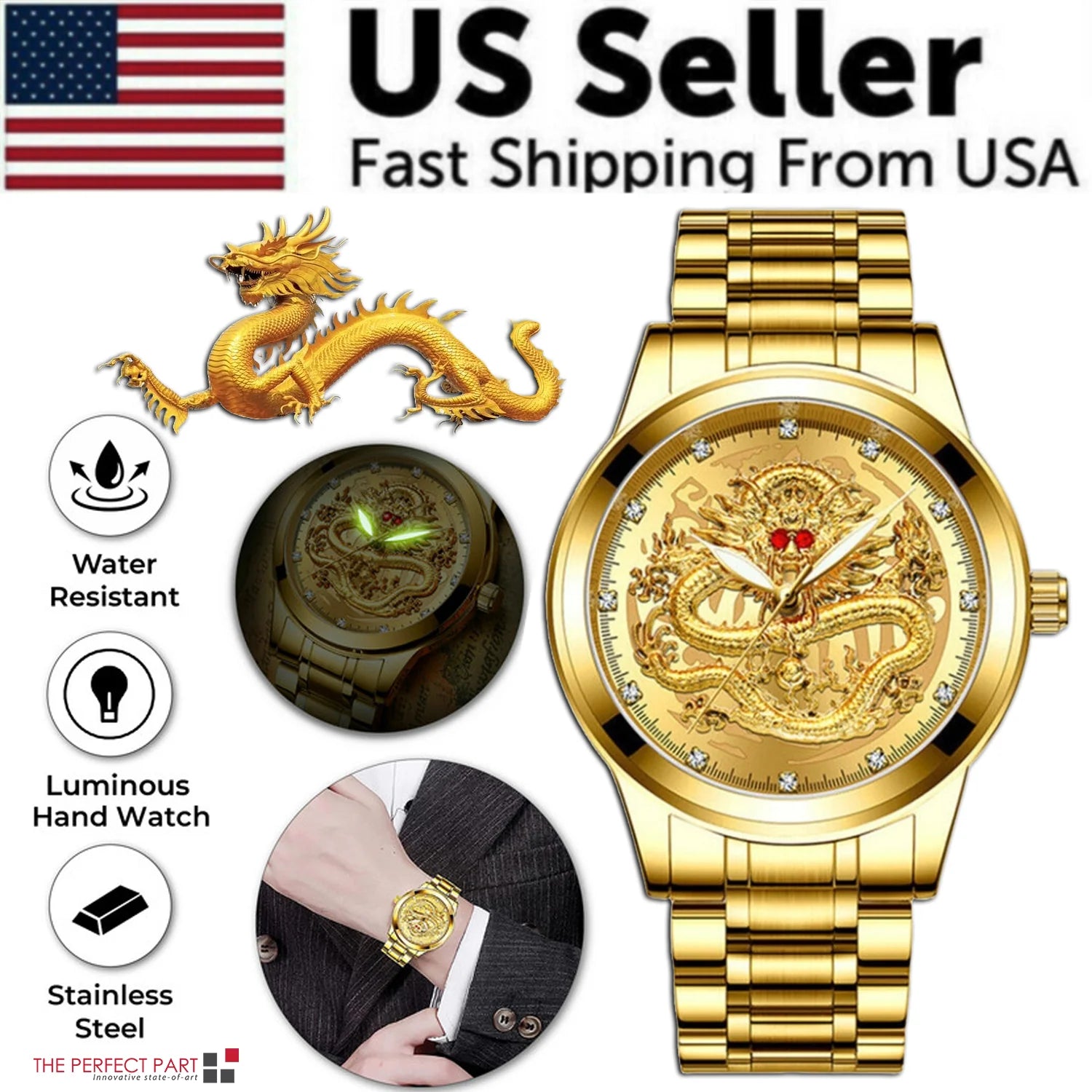 Men's Classic Stainless Steel Diamond Quartz Watch - Waterproof Gold Business Gift