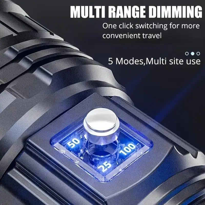 Ultra Bright Rechargeable LED Flashlight with Zoom & Digital Display β 5 Lighting Modes, USB Power Bank, Waterproof Tactical Torch for Camping, Hiking, Emergency, and Outdoor Use