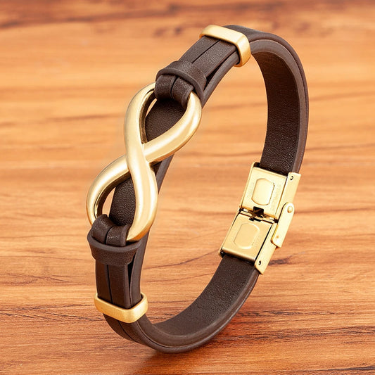 Men’s Genuine Leather Infinity Bracelet – Stainless Steel Buckle, Adjustable Couple Bangle Jewelry