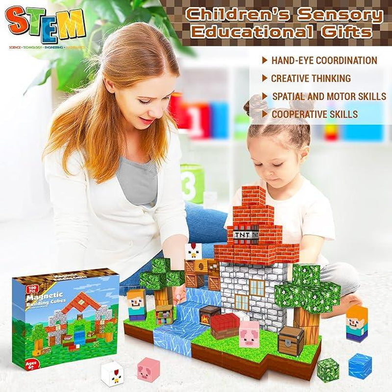 100-Piece Magnetic Building Blocks Set - STEM Montessori Sensory Toys for Creative Play, Perfect Valentine’s Day Gift for Boyfriend and Educational Fun!
