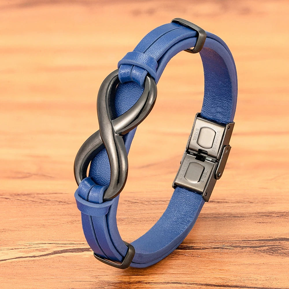 Men’s Genuine Leather Infinity Bracelet – Stainless Steel Buckle, Adjustable Couple Bangle Jewelry