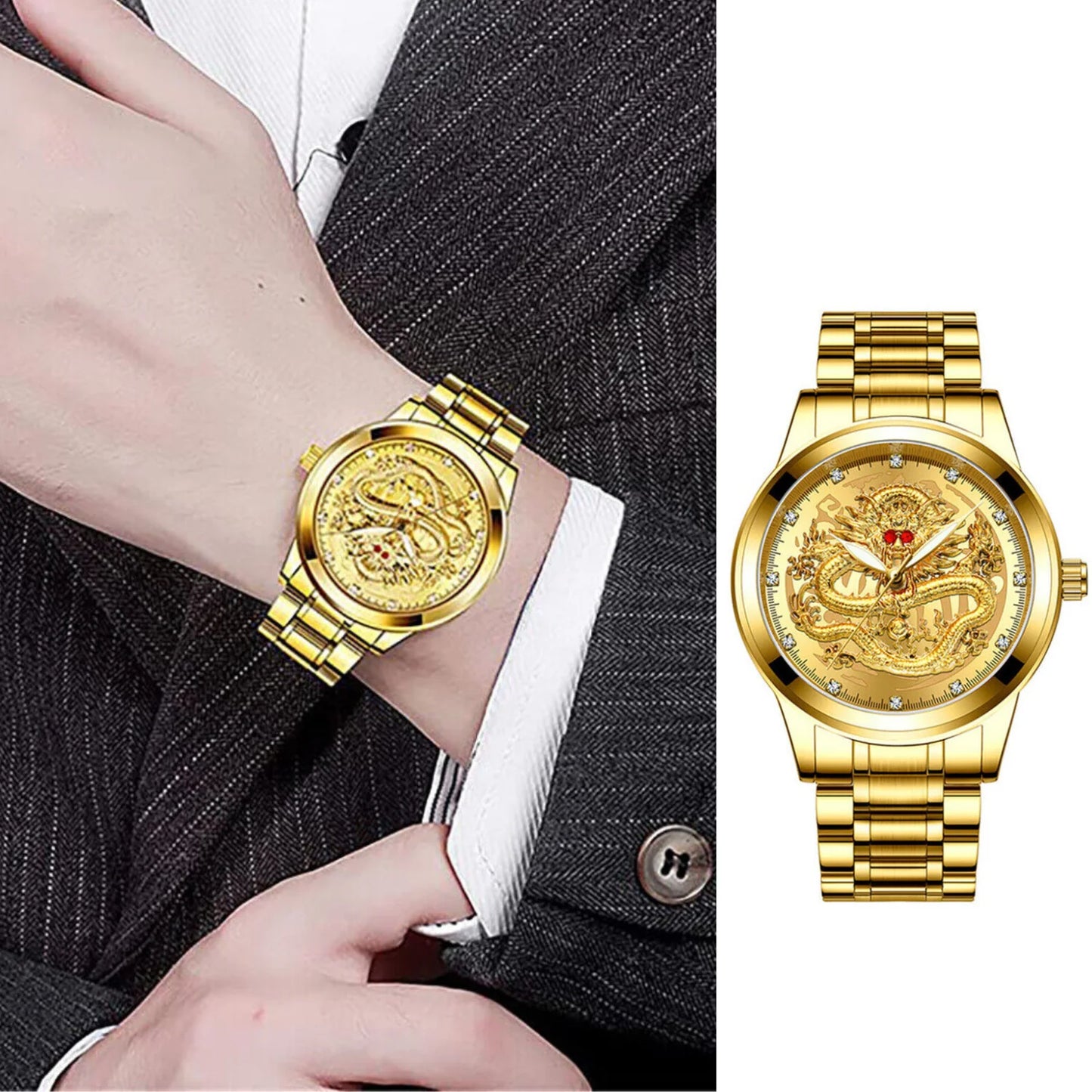 Men's Classic Stainless Steel Diamond Quartz Watch - Waterproof Gold Business Gift