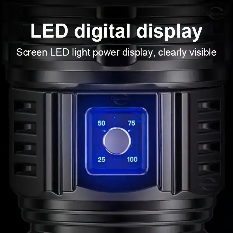 Ultra Bright Rechargeable LED Flashlight with Zoom & Digital Display β 5 Lighting Modes, USB Power Bank, Waterproof Tactical Torch for Camping, Hiking, Emergency, and Outdoor Use
