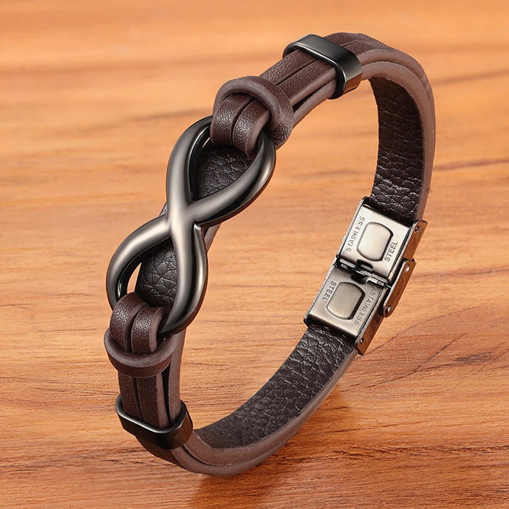 Men’s Genuine Leather Infinity Bracelet – Stainless Steel Buckle, Adjustable Couple Bangle Jewelry