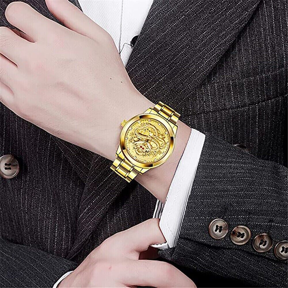 Men's Classic Stainless Steel Diamond Quartz Watch - Waterproof Gold Business Gift