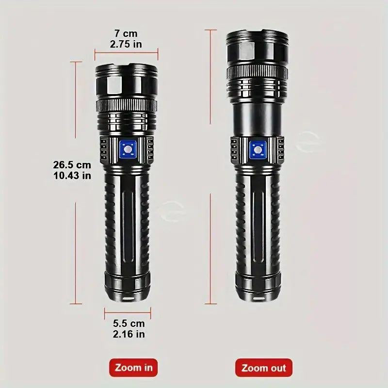Ultra Bright Rechargeable LED Flashlight with Zoom & Digital Display β 5 Lighting Modes, USB Power Bank, Waterproof Tactical Torch for Camping, Hiking, Emergency, and Outdoor Use