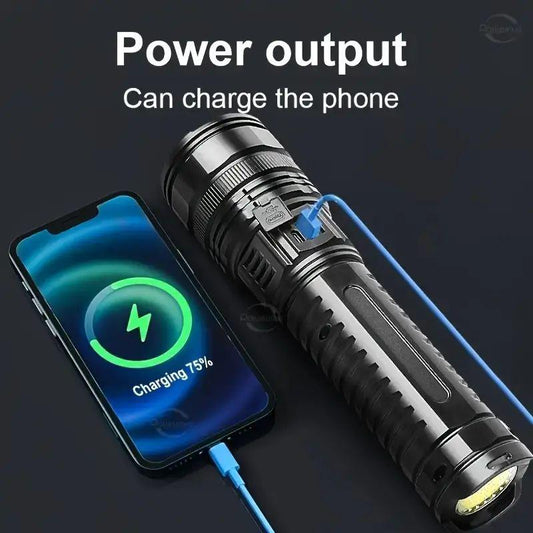 Ultra Bright Rechargeable LED Flashlight with Zoom & Digital Display – 5 Lighting Modes, USB Power Bank, Waterproof Tactical Torch for Camping, Hiking, Emergency, and Outdoor Use