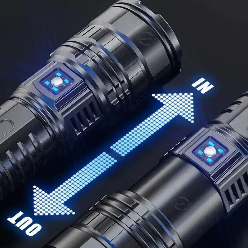 Ultra Bright Rechargeable LED Flashlight with Zoom & Digital Display β 5 Lighting Modes, USB Power Bank, Waterproof Tactical Torch for Camping, Hiking, Emergency, and Outdoor Use