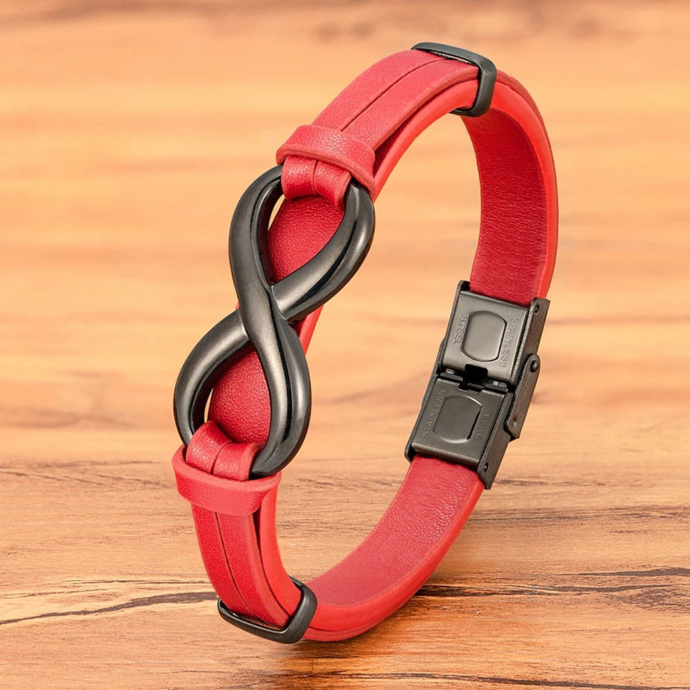 Men’s Genuine Leather Infinity Bracelet – Stainless Steel Buckle, Adjustable Couple Bangle Jewelry