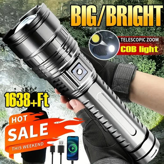 Ultra Bright Rechargeable LED Flashlight with Zoom & Digital Display – 5 Lighting Modes, USB Power Bank, Waterproof Tactical Torch for Camping, Hiking, Emergency, and Outdoor Use