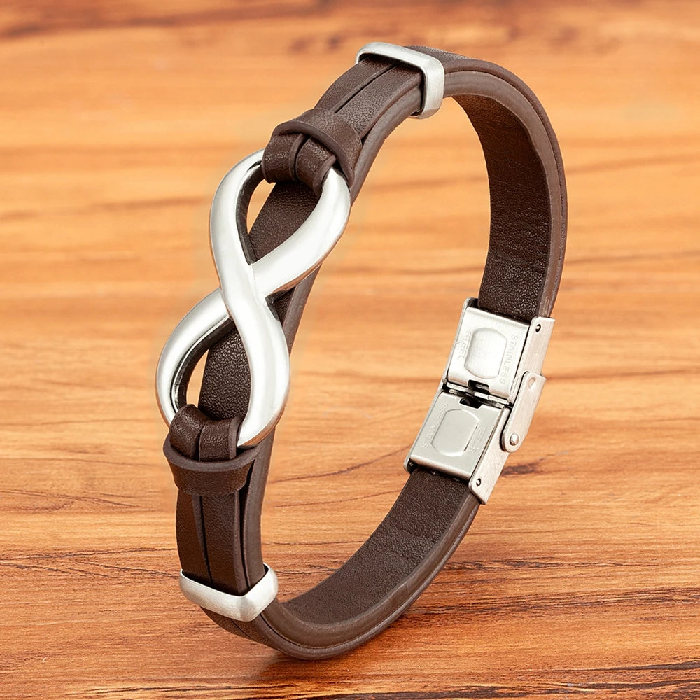 Men’s Genuine Leather Infinity Bracelet – Stainless Steel Buckle, Adjustable Couple Bangle Jewelry