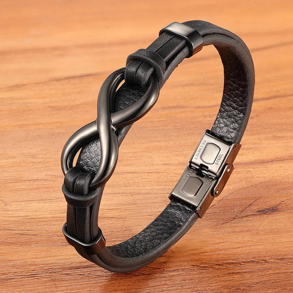 Men’s Genuine Leather Infinity Bracelet – Stainless Steel Buckle, Adjustable Couple Bangle Jewelry