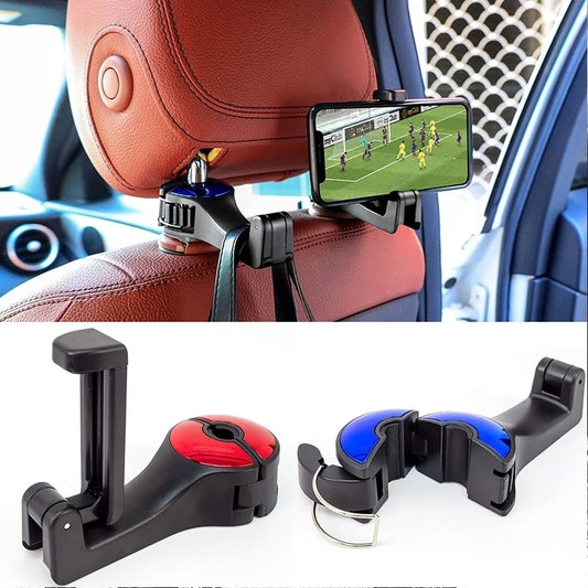 1Pc Car Seat Back Hook with Phone Holder – 360° Rotating Headrest Hanger for Bags, Clothes, Umbrellas & More