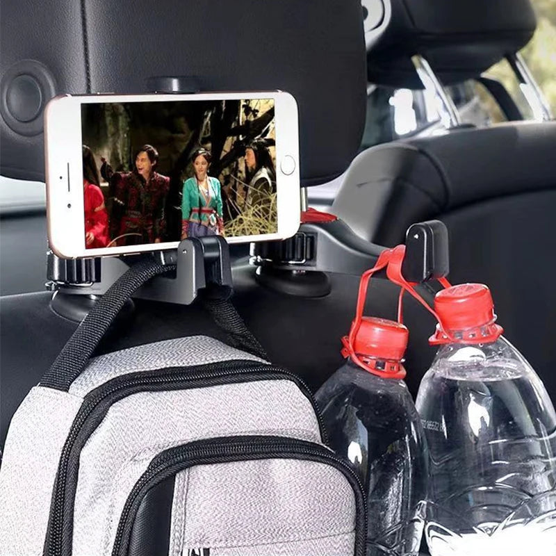 1Pc Car Seat Back Hook with Phone Holder – 360° Rotating Headrest Hanger for Bags, Clothes, Umbrellas & More