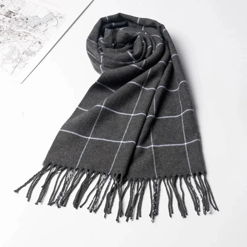 Men’s Winter Cashmere-Feel Scarf – Soft Plaid Pashmina Shawl with Tassels, Warm Business & Casual Wrap
