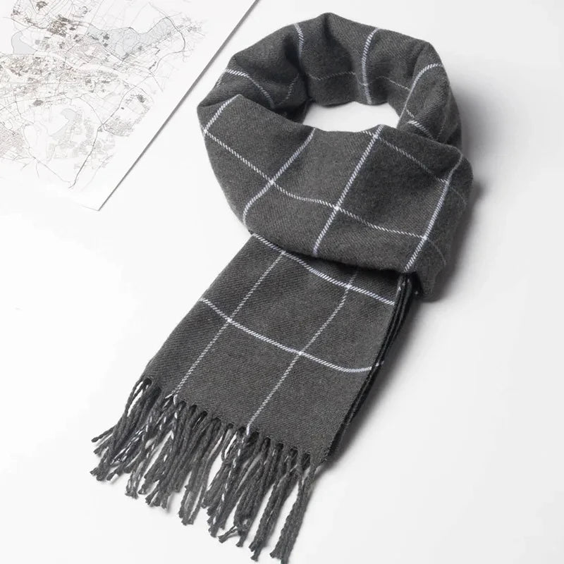 Men’s Winter Cashmere-Feel Scarf – Soft Plaid Pashmina Shawl with Tassels, Warm Business & Casual Wrap