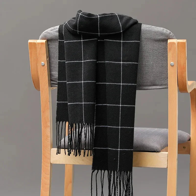 Men’s Winter Cashmere-Feel Scarf – Soft Plaid Pashmina Shawl with Tassels, Warm Business & Casual Wrap