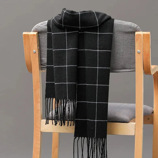 Men’s Winter Cashmere-Feel Scarf – Soft Plaid Pashmina Shawl with Tassels, Warm Business & Casual Wrap