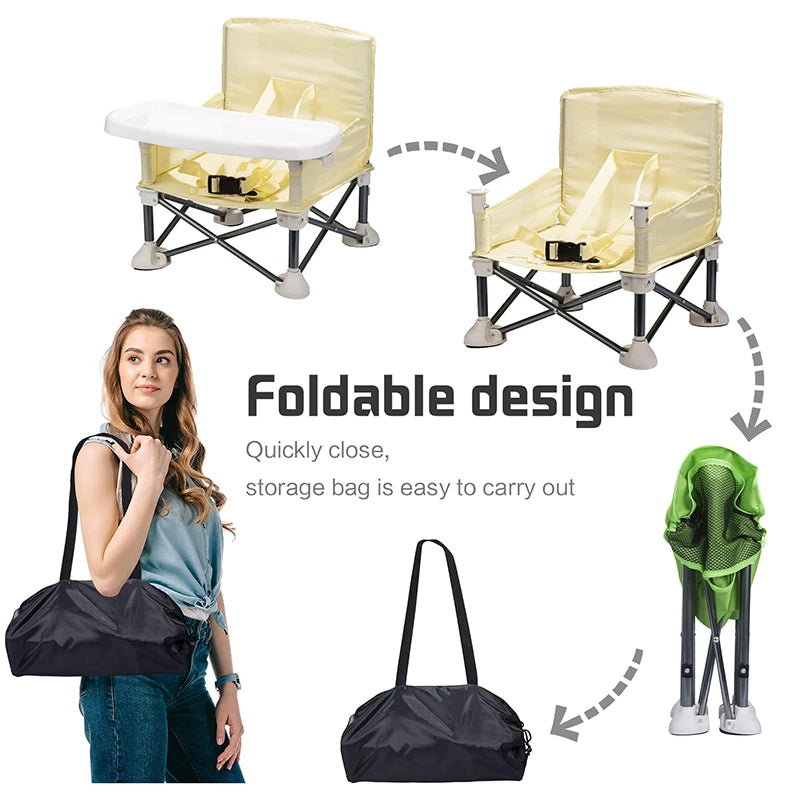 Foldable Baby Dining Chair with Tray & Safety Belt – Portable High Chair for Travel, Camping & Beach